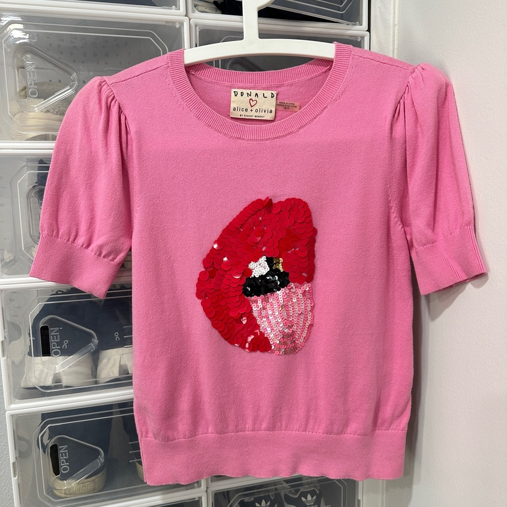 Alice + Olivia Pink Sequin Lip Knit Top